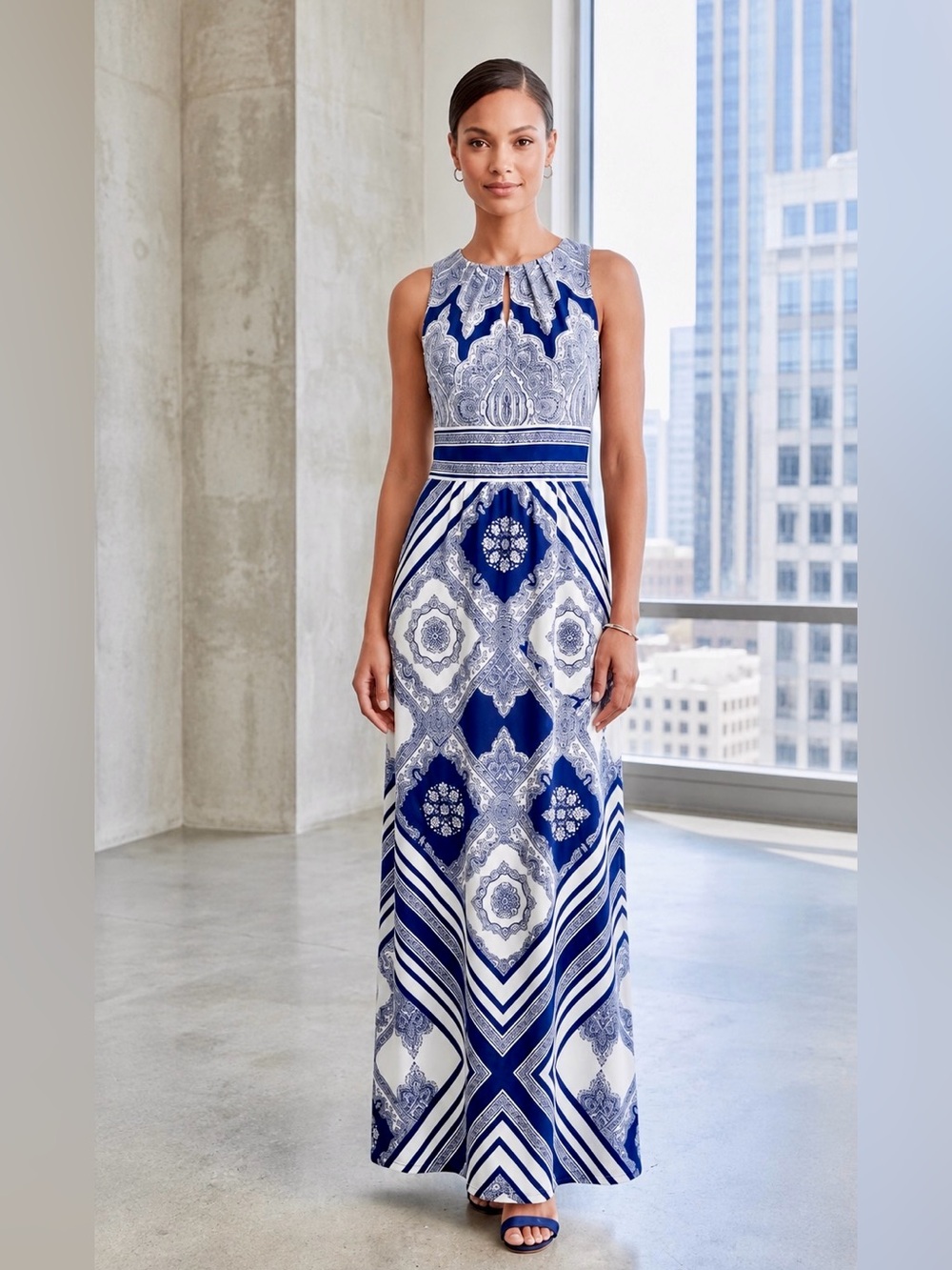 Coastal Mediterranean Scarf Print‎ Halter Maxi Dress Blue White Size 6